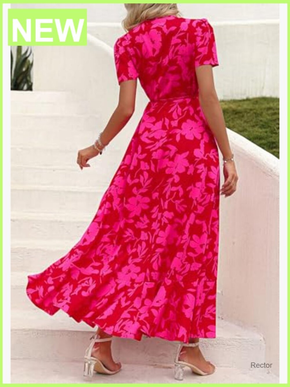 Boho Floral Maxi Dress Short Sleeve Wrap V Neck Long Flowy Beach Vacation - Picture 5 of 7